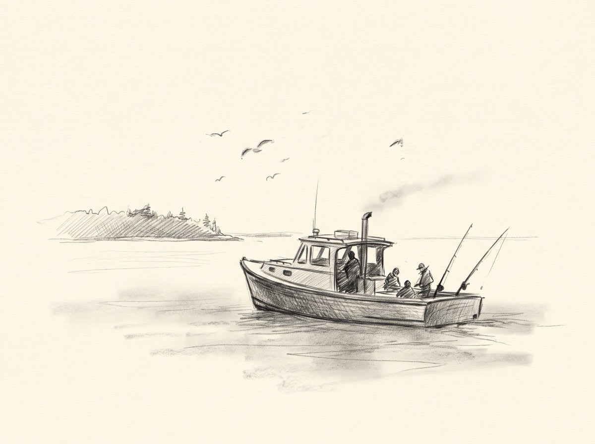 Graphite sketch: a charter boat trolling at dawn