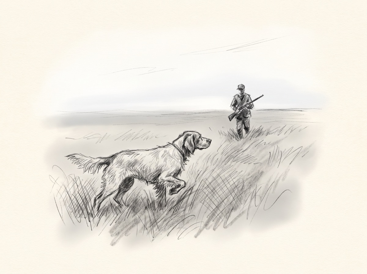 Graphite sketch: an upland field with a pointing dog