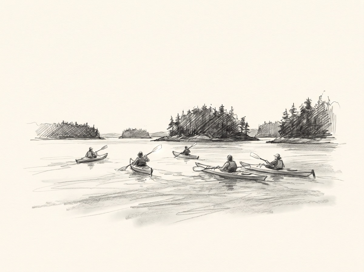 Graphite sketch: a flotilla of sea kayaks